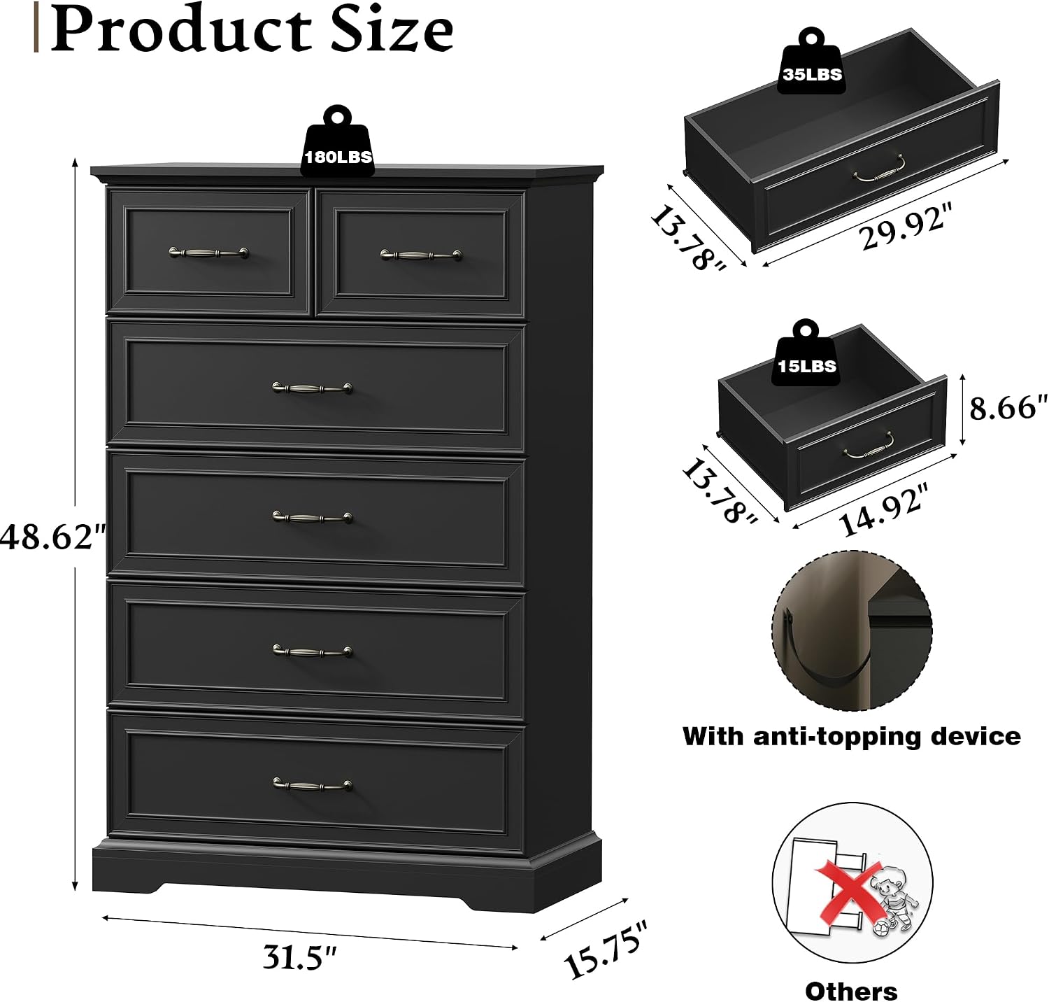 Farmhouse 6 Drawers Dresser for Bedroom, 49' Tall Modern Chest of Drawers with Deep Drawers & Bar Handles, Rustic Wood Dresser TV Stand, Wooden Closet Storage Organizer for Living Room, Hallway, Black