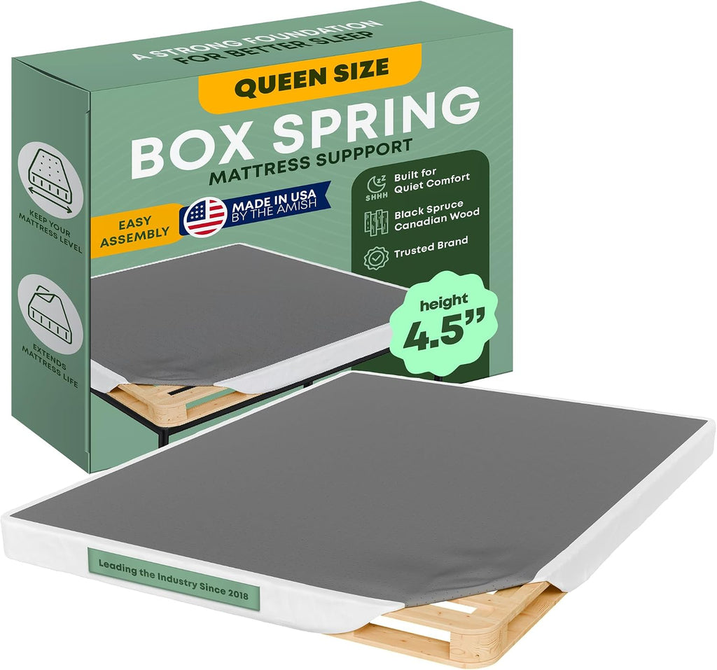 Greaton, 4.5' Queen Box Spring Only for Queen Size Bed – Amish-Made in The USA – Solid Wood Mattress Foundation with Stable & Quiet Support – Flat-Packed & Easy Assembly