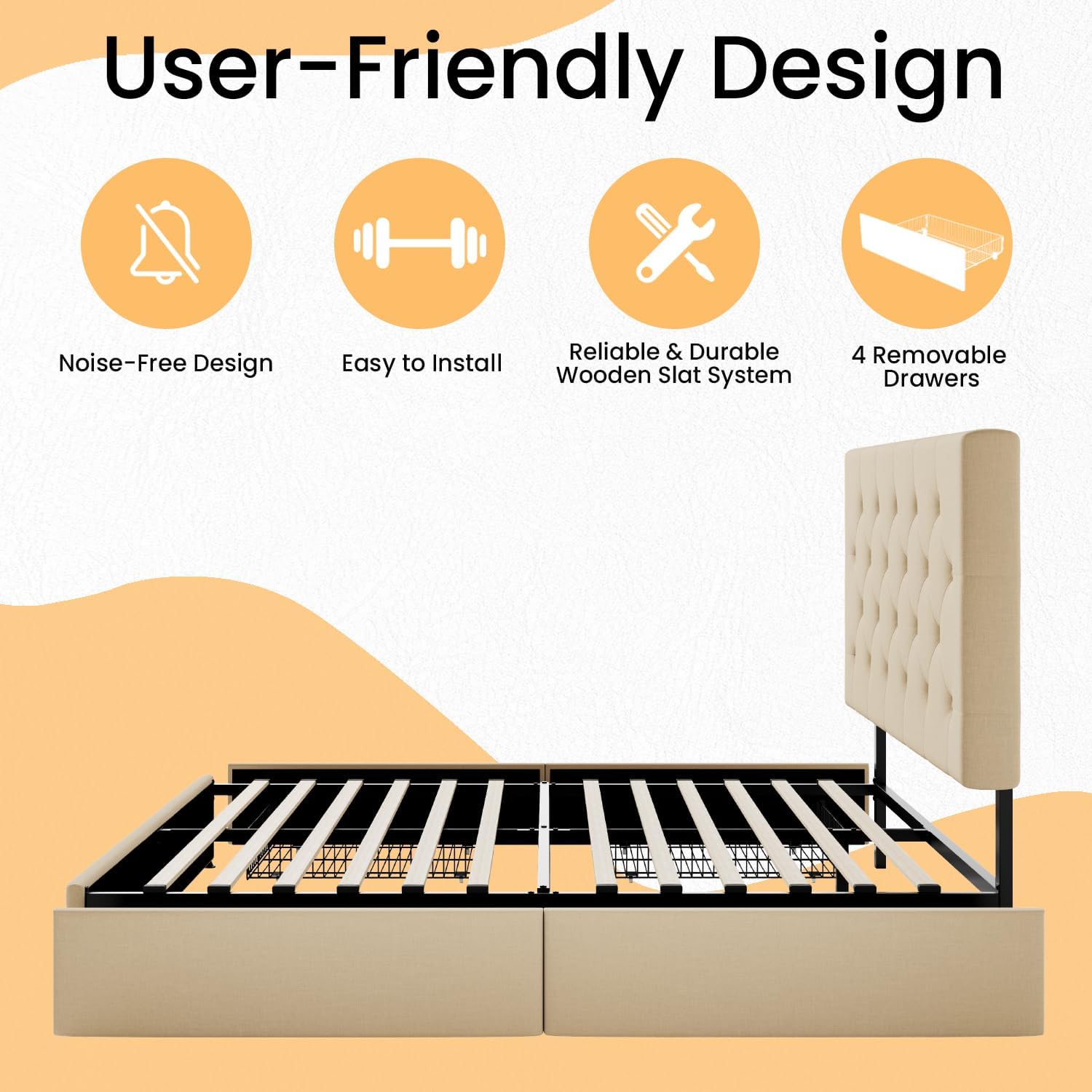 SHA CERLIN Upholstered Full Size Platform Bed Frame with 4 Storage Drawers, Adjustable Headboard with Diamond Stitched Button Tufted Design, Wooden Slat Support, No Box Spring Needed, Beige