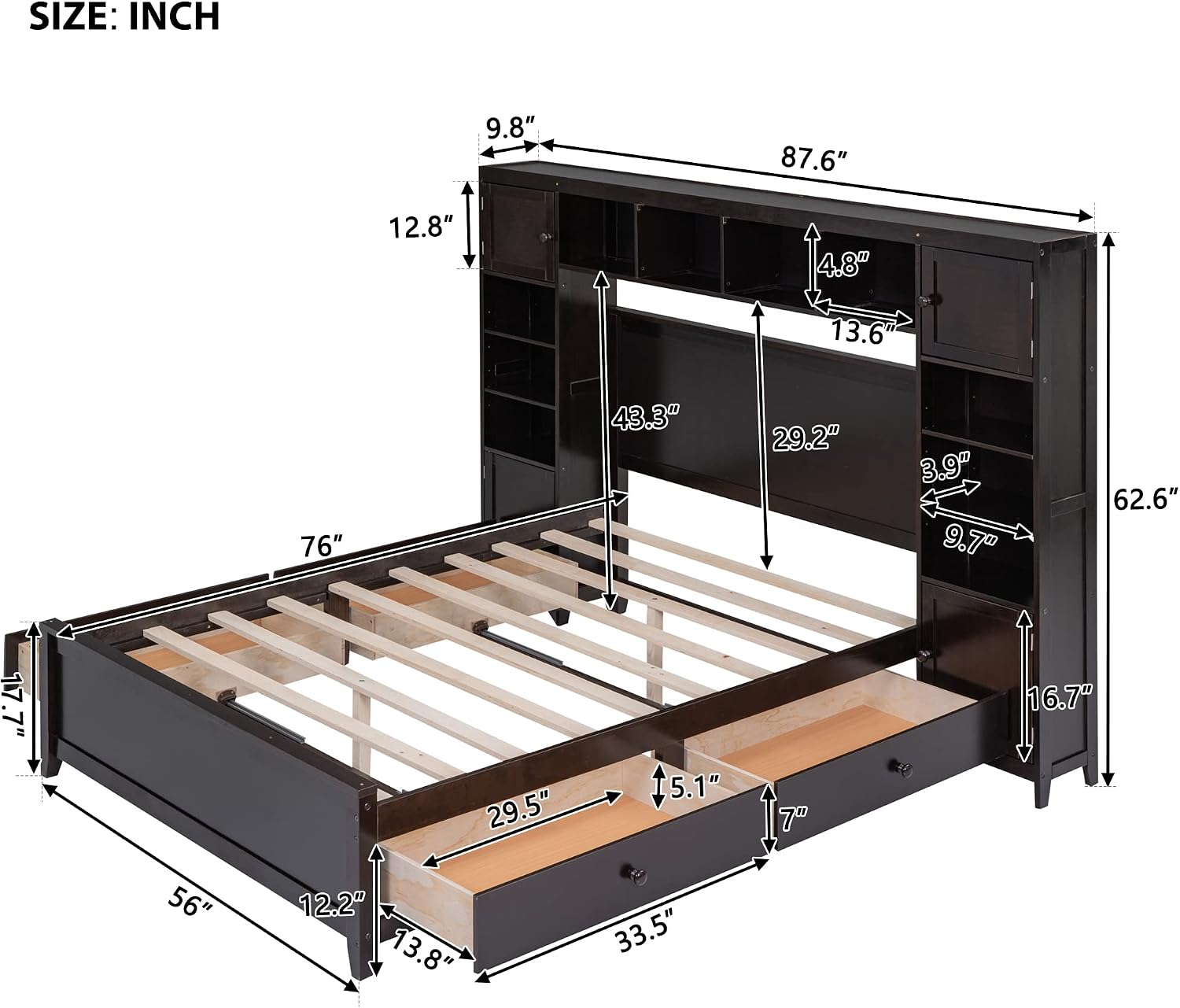 Harper & Bright Designs Wood Full Storage Bed Frame with Cabinet and Shelf, Full Size Platform Bed with 4 Drawers & Bookcase Headboard,Espresso