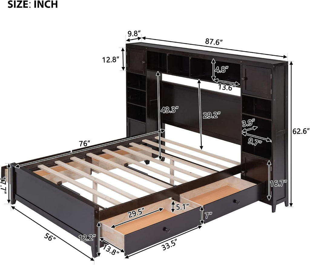 Harper & Bright Designs Full Platform Bed with All-in-One Cabinet and Shelf Modern Wooden Full Beds with 4 Storage Drawers, Full Size Bed Frame for Bed Room, No Box Spring Needed (Espresso)