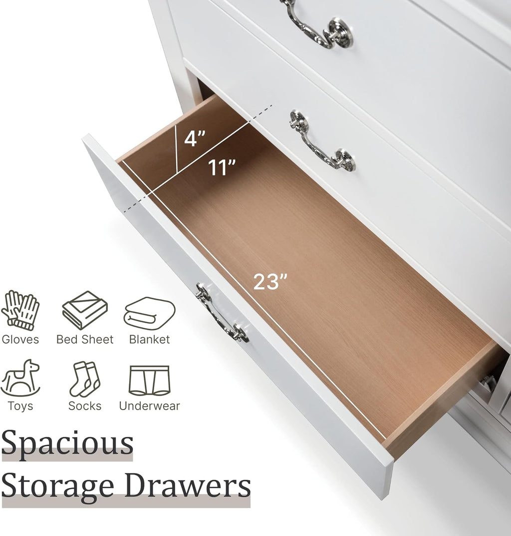 Furniture of America Arabella Traditional Wooden 6 Drawer Dresser with Mirror, Vintage Bedroom Set, Accent Vanity Dressing Table with Antique Nickle Handles for Dressing Room, Walk-in Closet, White