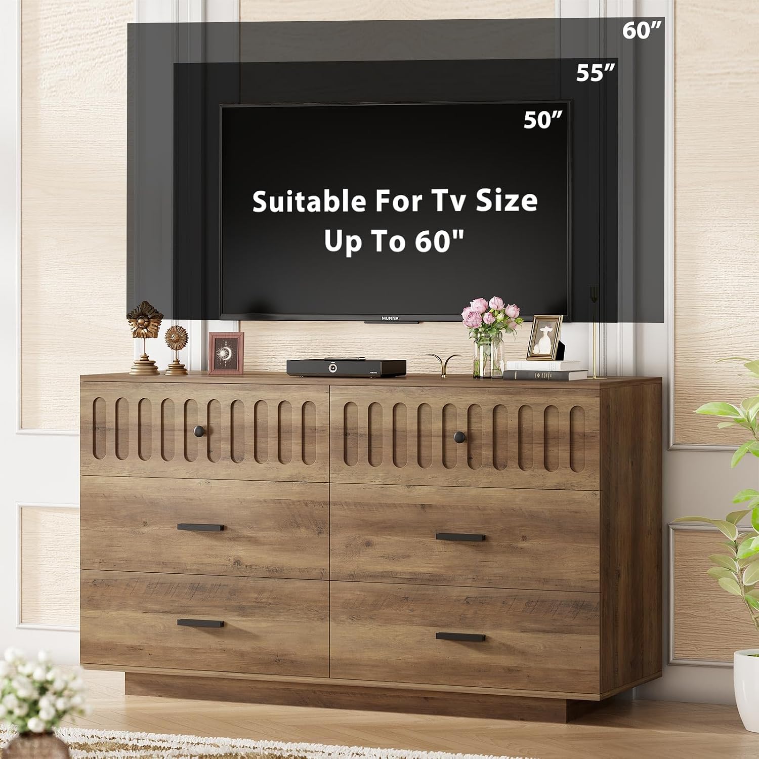 IBF Farmhouse Dresser for Bedroom Modern 6 Drawer Dresser Fluted Chest of Drawers Large Wood Closet Dressers with Anti-Tipping Design for Bedroom, Living Room, Hallway, Entryway, Nursery, Rustic Oak