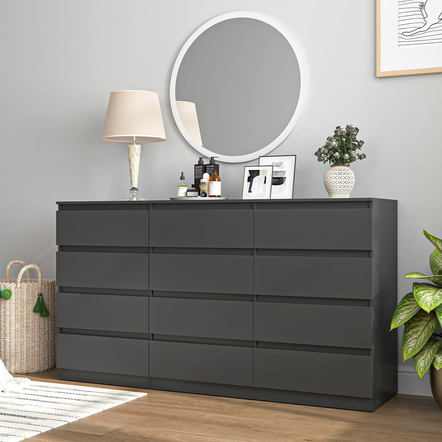 Black 12 Drawer Dresser for Bedroom,Modern Long Deep Drawer Dresser,Wood Storage Chest of Drawer, Storage Organizer Drawers for Bedroom