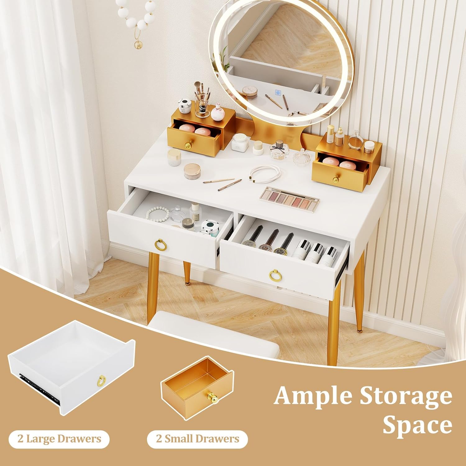 CHARMAID Vanity Desk with Mirror and Lights, Makeup Vanity with 4 Storage Drawers, 3 Lighting Modes, Adjustable Brightness, Modern Vanity Dressing Table with Stool for Bedroom, White & Gold