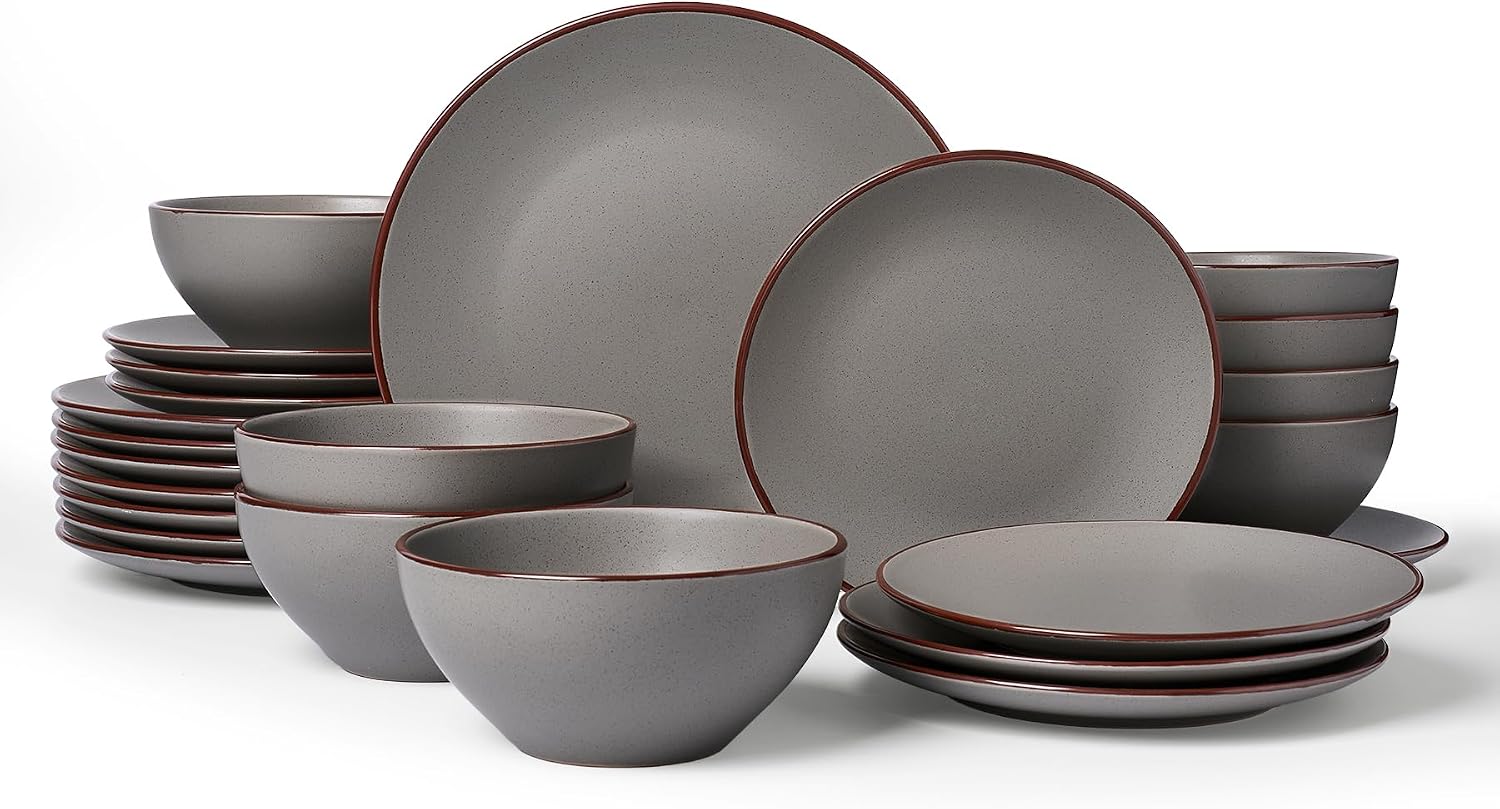 Famiware Venus Plates and Bowls Sets with Trim, 24 Pieces Speckled Stoneware Dinnerware Set for 8, Matte Dark Gray - Microwave & Dishwasher Safe, Modern Minimalist, Dishes for Everyday & Formal Dining