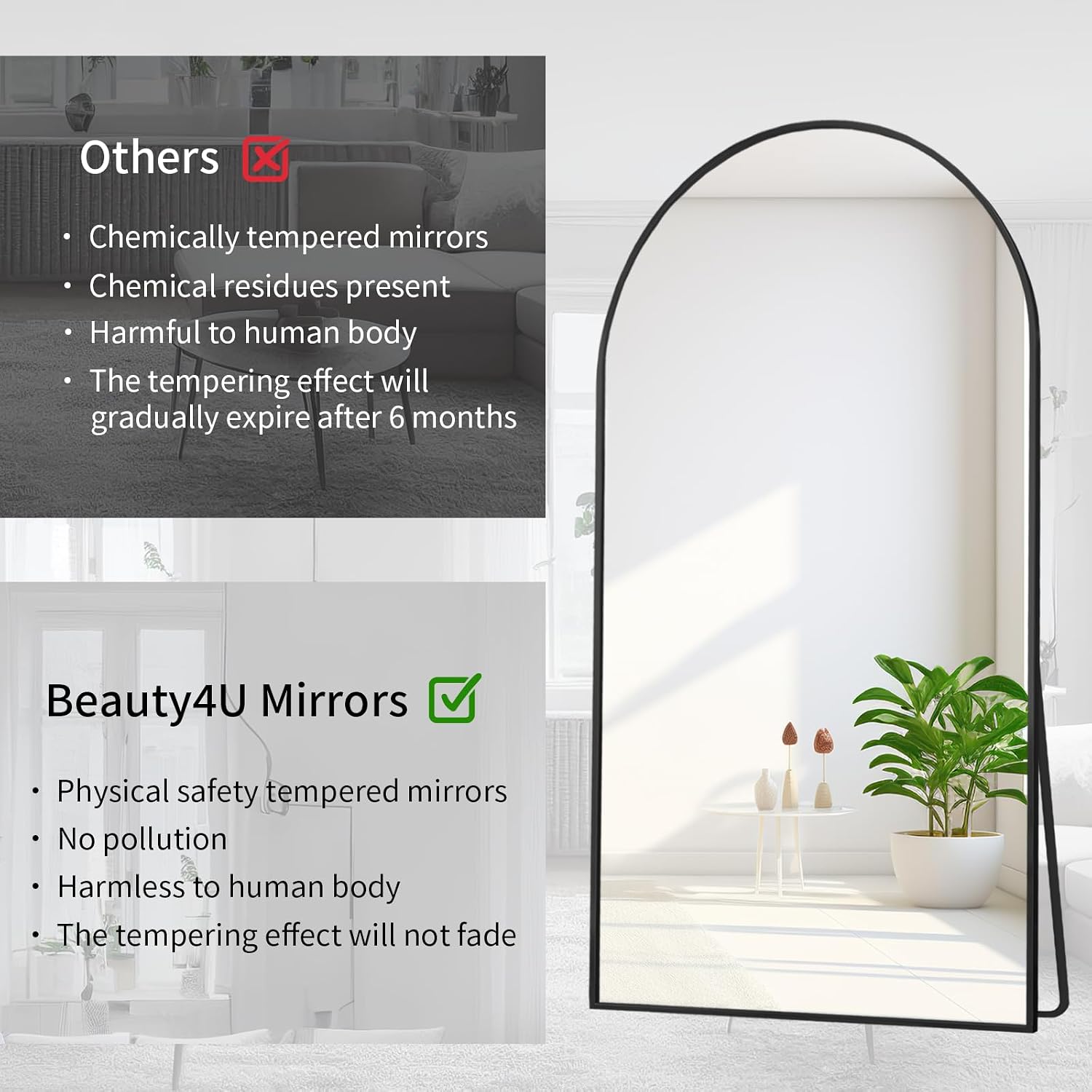 Beauty4U Arched Full Length Mirror 76' x 34', Black Large Full Body Mirror with Stand, Floor Standing & Wall Mounted HD Tempered Glass Dressing Mirror for Bedroom, Living Room, Entryway