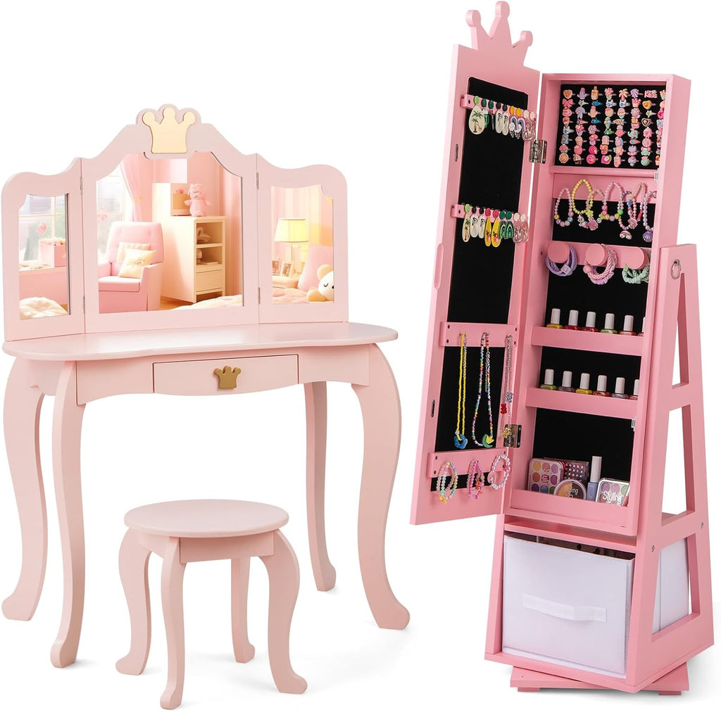 HONEY JOY 2 Piece Kids Vanity Set & Jewelry Armoire Cabinet, Crown Wooden Makeup Table & Chair Set, Dress Up Jewelry Organizer w/Full-Length Mirror, Kids Bedroom Furniture for Girls Playroom (Pink)