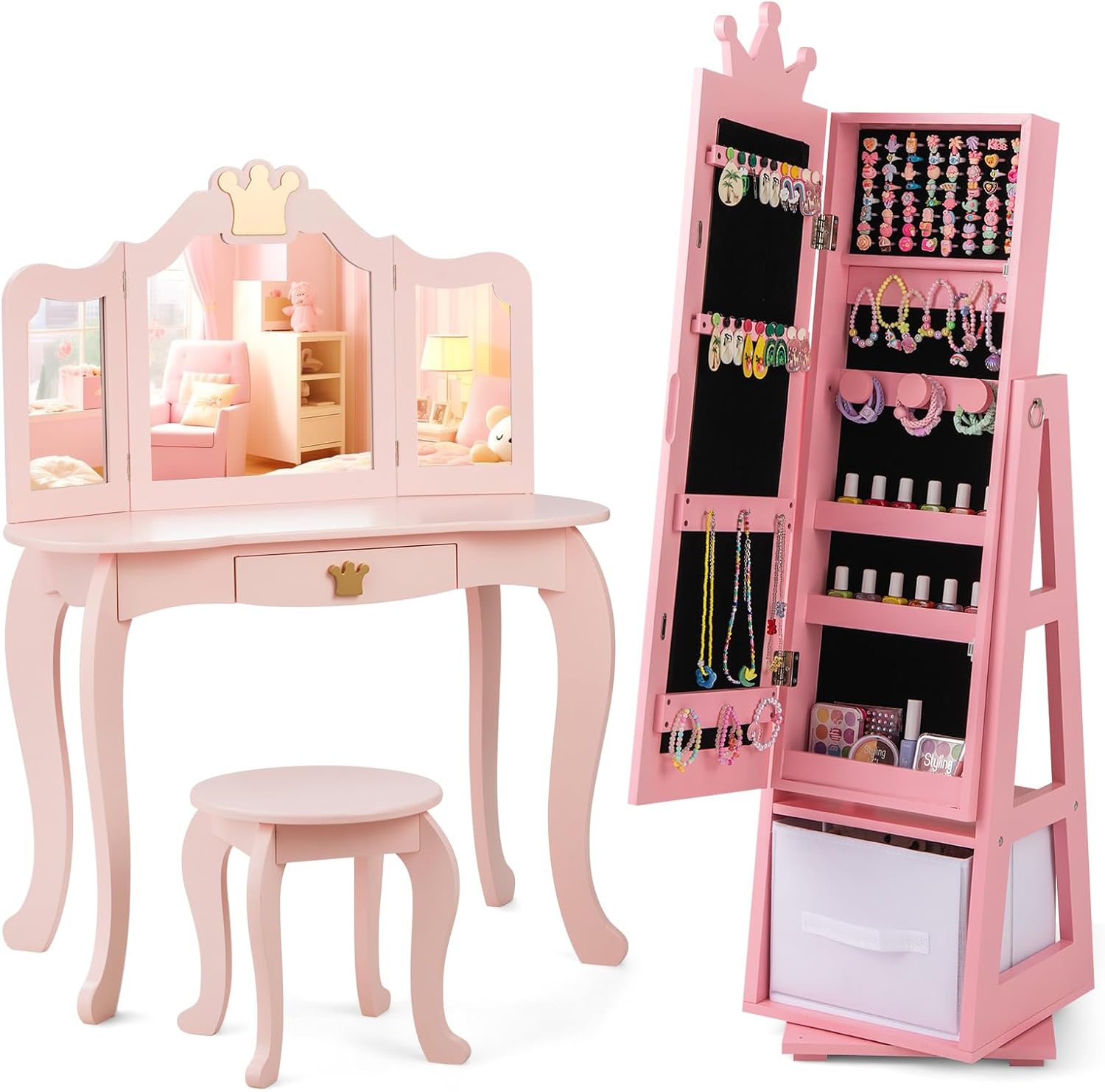 HONEY JOY 2 Piece Kids Vanity Set & Jewelry Armoire Cabinet, Crown Wooden Makeup Table & Chair Set, Dress Up Jewelry Organizer w/Full-Length Mirror, Kids Bedroom Furniture for Girls Playroom (Pink)