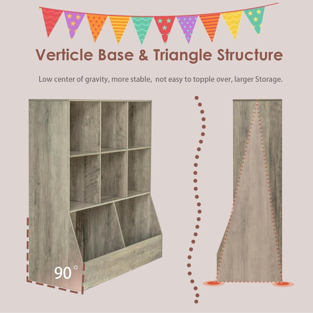 DINZI LVJ Toy Storage Organizer, Kids Bookshelf, Wood Toy Storage Cabinet, 3-Tier 8 Cubby Children Bookcase, 39.4' L Toddler Book Shelf for Playroom, Living Room, Nursery, Classroom, Gray Wash