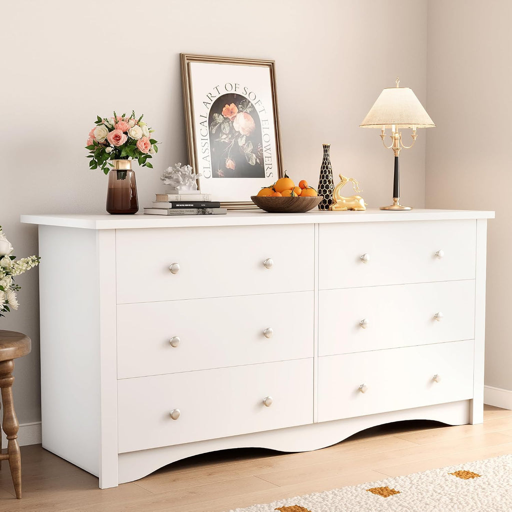 YESHOMY 6 Drawer Dresser for Bedroom, 47.2'' Wood White Dresser, Chest of Drawers Storage Organizer, TV Stand for 55 inch TV, for Living Room, Hallway, Closet