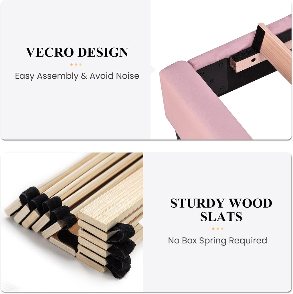 SHA CERLIN Full Bed Frame/Velvet Upholstered Platform Bed Frame with Headboard/Strong Wood Slats Support/Mattress Foundation/No Box Spring Needed - Pink