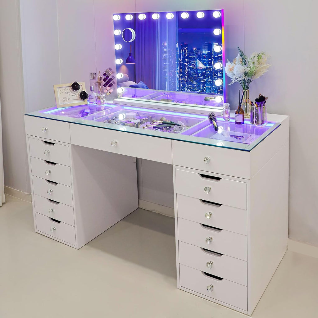 VANITII Makeup Vanity Desk with Mirror and RGB Lights Vanity Table with Makeup Mirror Glass Top Vanities with Charging Station RGB Lighted Mirror Smart Touch Dressing Table Set for Bedroom