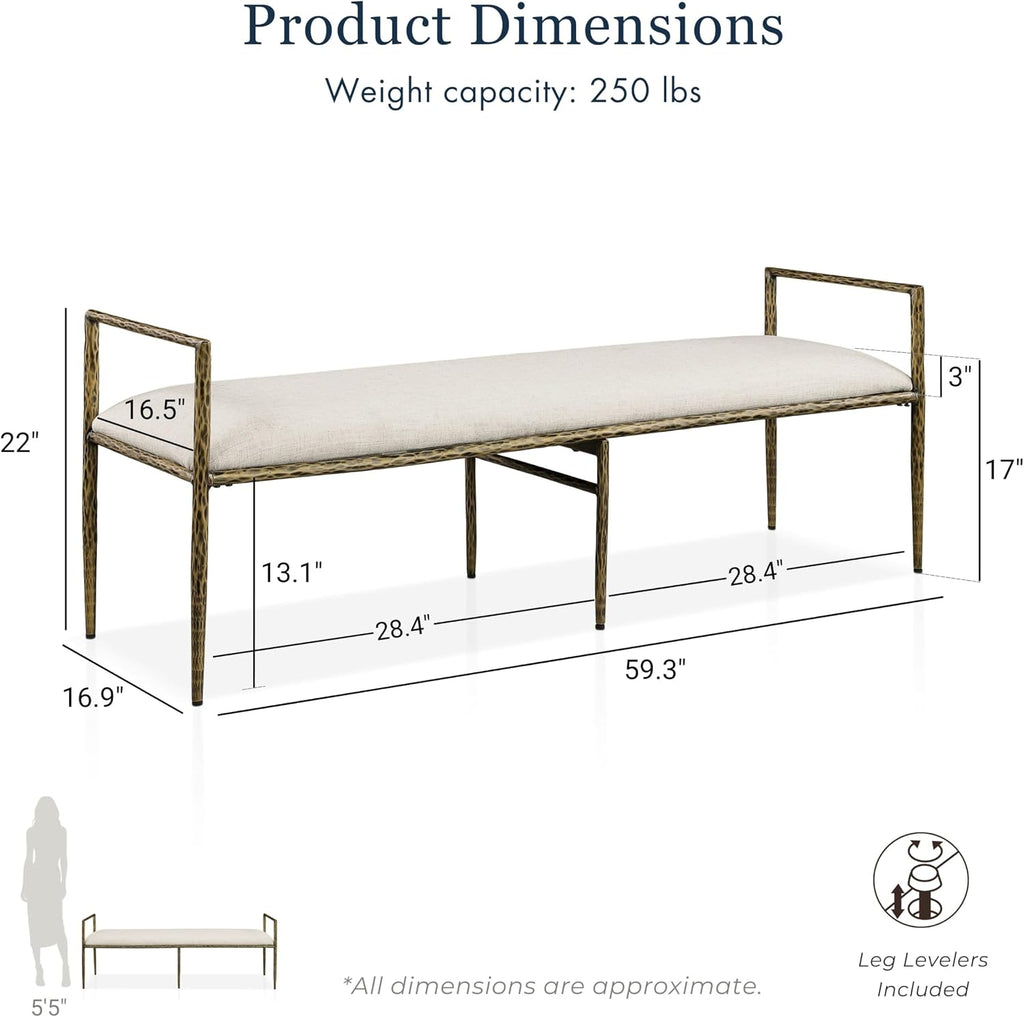 24/7 Shop at Home Lalia Hammered Metal 4-Piece Bedroom Collection, Upholstered Bed Frame with Beige Fabric Headboard, Bench and 1-Shelf Nightstands, Foundation Required, Full, Matte Gold