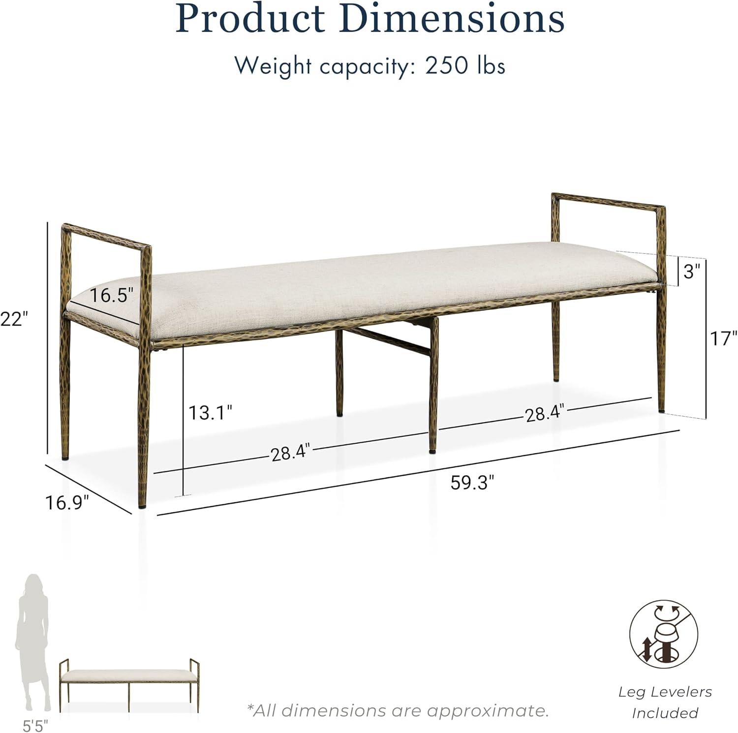 24/7 Shop at Home Lalia Hammered Metal 4-Piece Bedroom Collection, Upholstered Bed Frame with Beige Fabric Headboard, Bench and 1-Shelf Nightstands, Foundation Required, Full, Matte Gold