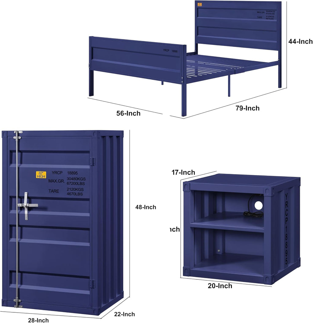 Benjara Dua Recessed Panel Pattern 3 PC Full Bedroom Set - Blue Metal