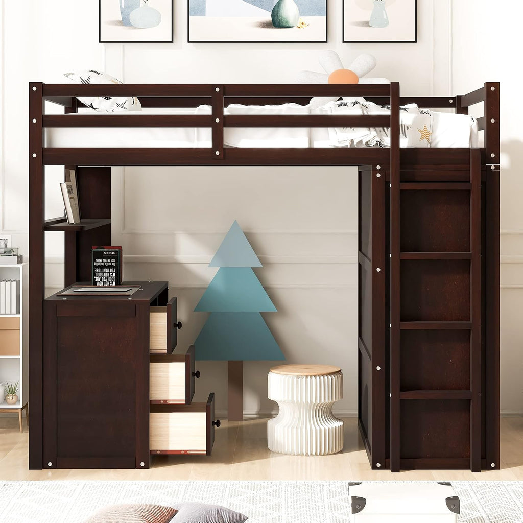 Twin Size Loft Bed with Drawers and Desk, Wardrobe, Ladder for Kids, Adults, Girls, Bedroom, Easy Assembly, No Box Spring Needed, Space-Saving, Espresso
