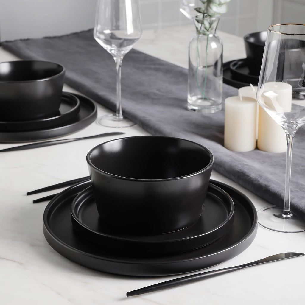 Stone Lain Celina Stoneware 32 Piece Modern Dinnerware Set, Plates and Bowls, Black Matte, Service for 8, Microwave & Dishwasher Safe