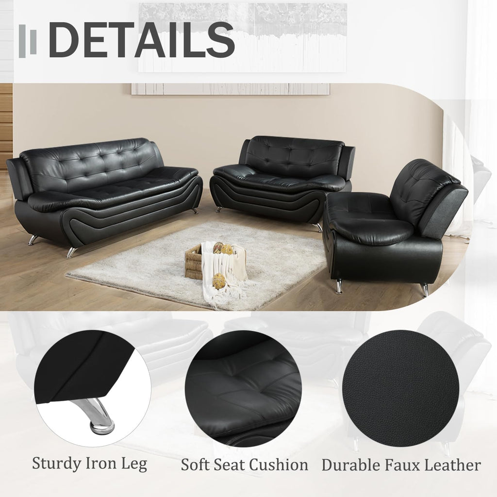 Contemporary Living Room Furniture Set, Vegan Leather Sofa Set for Living Room/House/Bedroom/Office/Apartment (Black, Sofa;Love;Chair)