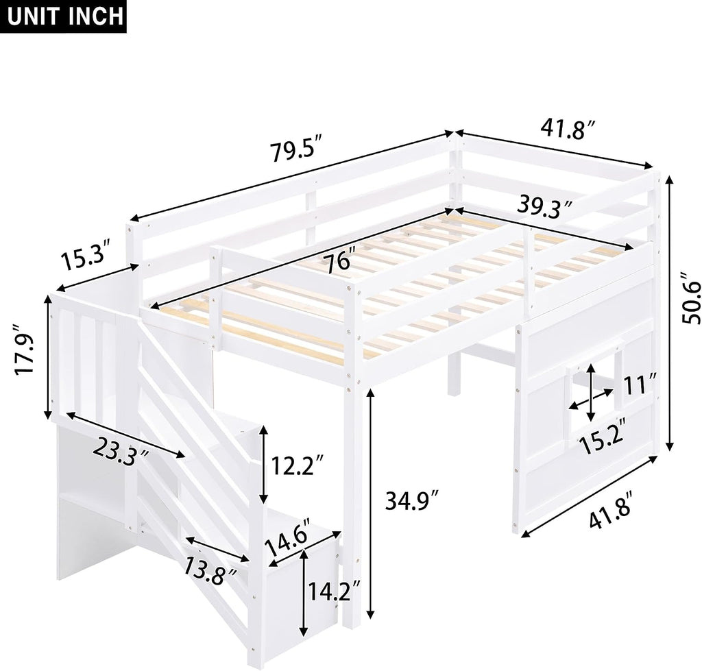 Low Loft Bed with Storage Staircase and Window, Twin Size Loft Bed with Guardrails and Wood Slats Support, Solid Wood Bed Frame, Space Saving Design, No Box Spring Need (White,Staircase+Window)