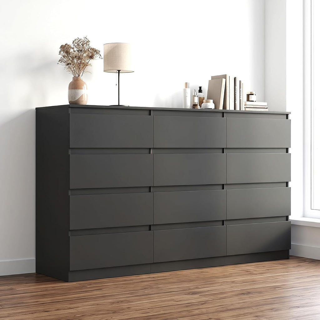 Black 12 Drawer Dresser for Bedroom,Modern Long Deep Drawer Dresser,Wood Storage Chest of Drawer, Storage Organizer Drawers for Bedroom