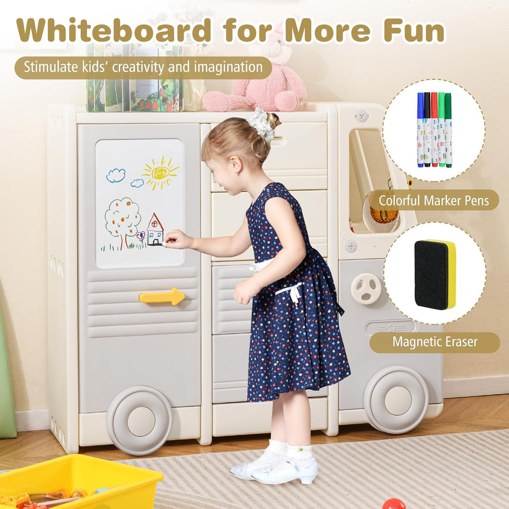 HONEY JOY Kids Toy Storage Organizer, Bus-Shaped Children Cabinet w/ 4 Pull-Out Drawers with Handles, Large & Small Cabinets, Spacious Countertop, Storage Organizer for Playroom, Classroom, Daycare