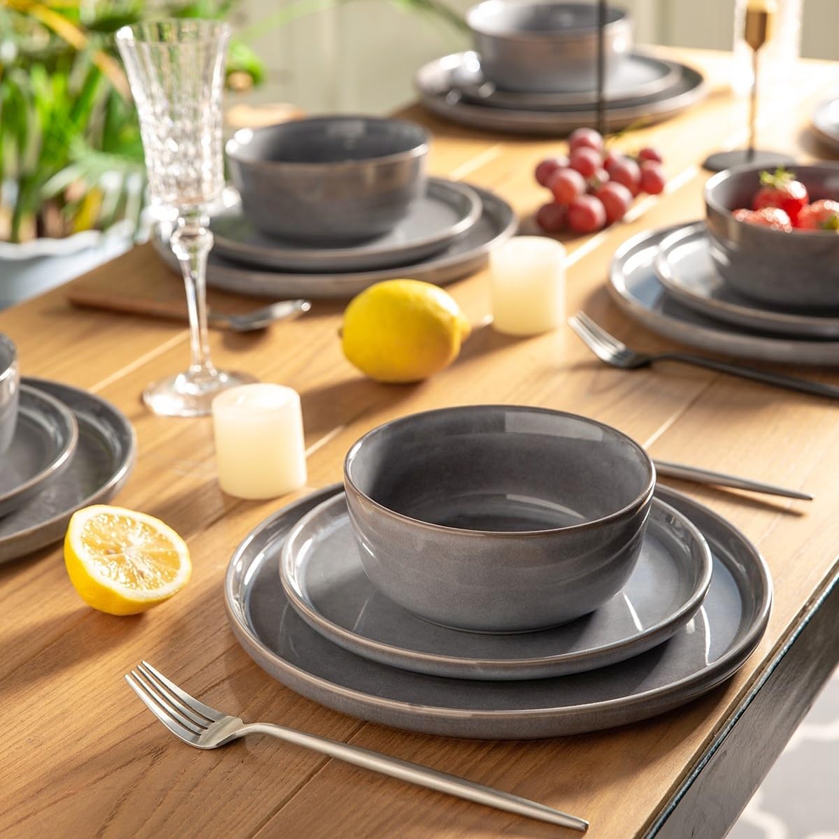 AmorArc Stoneware Dinnerware Sets,Round Reactive Glaze Ceramic Plates and Bowls Sets,Highly Scratch Resistant | Microwave & Dishwasher Safe,Service for 8 Dishes Set (24pc)