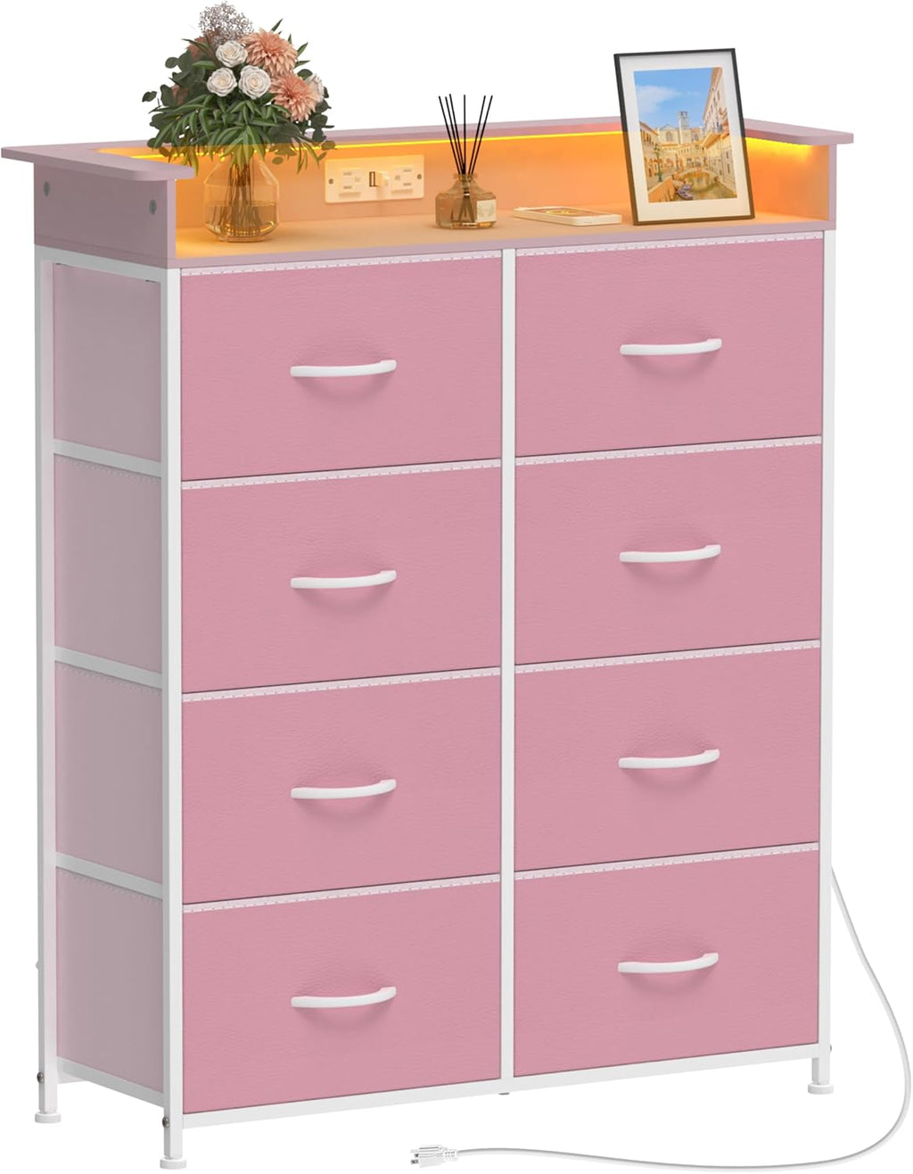 Pink Dresser for Bedroom with Charing Station Dressers with LED Lights Tall Dresser with 8 Drawers Storage Tower for Closet Living Room Hallway Entryway Sturdy Steel Frame Wood Top