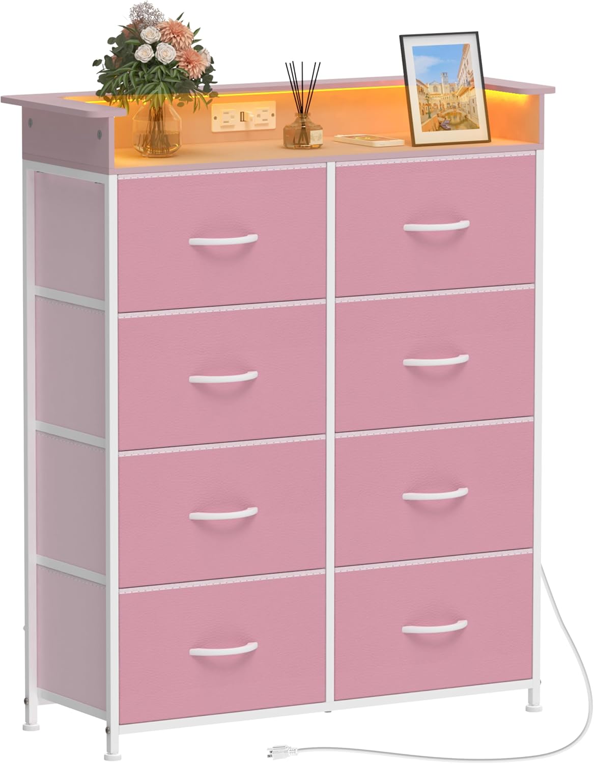 Pink Dresser for Bedroom with Charing Station Dressers with LED Lights Tall Dresser with 8 Drawers Storage Tower for Closet Living Room Hallway Entryway Sturdy Steel Frame Wood Top