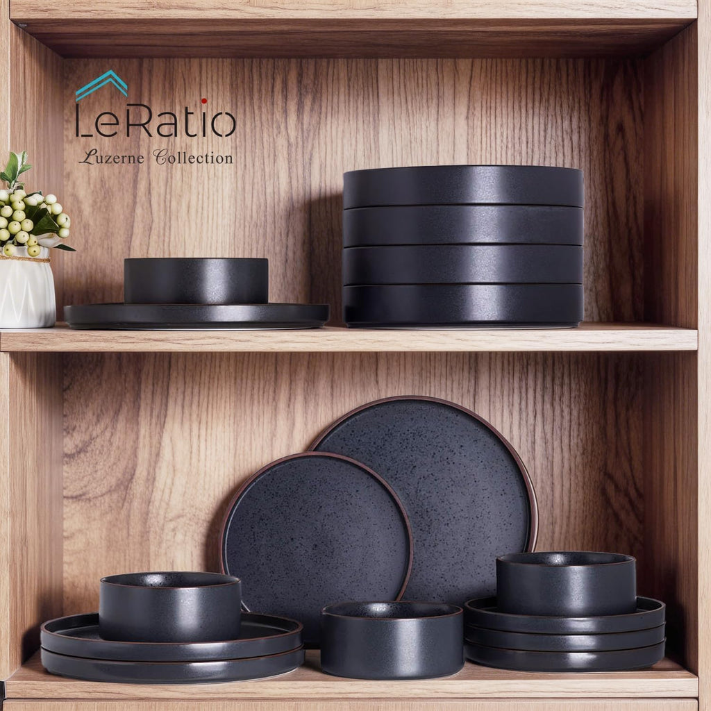 LERATIO Ceramic Dinnerware Sets for 8, High Edge Stoneware Plates and Bowls Set, Chip and Crack Resistant | Oven & Dishwasher & Microwave Safe Dishes Set, Service for 8 -Ashen