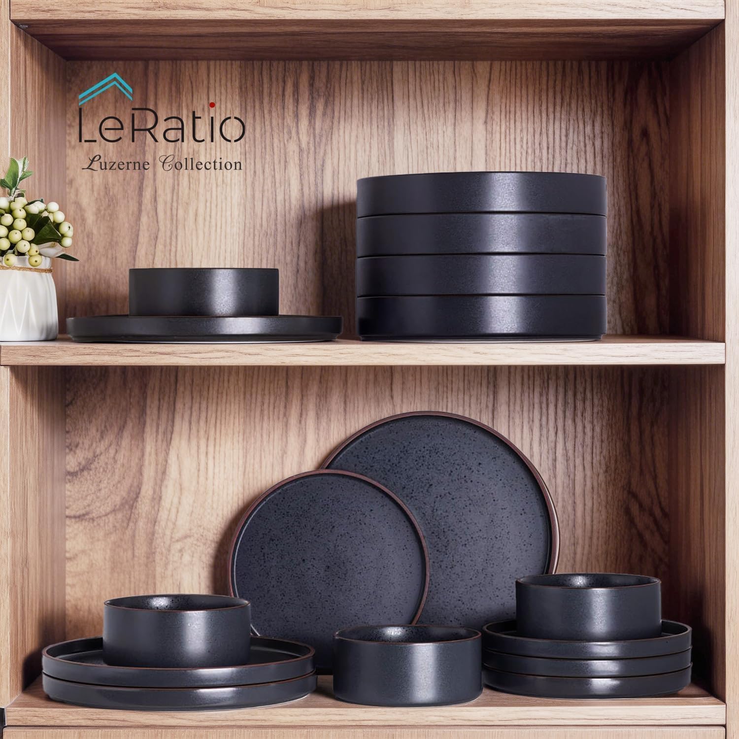 LERATIO Ceramic Dinnerware Sets for 8, High Edge Stoneware Plates and Bowls Set, Chip and Crack Resistant | Oven & Dishwasher & Microwave Safe Dishes Set, Service for 8 -Ashen
