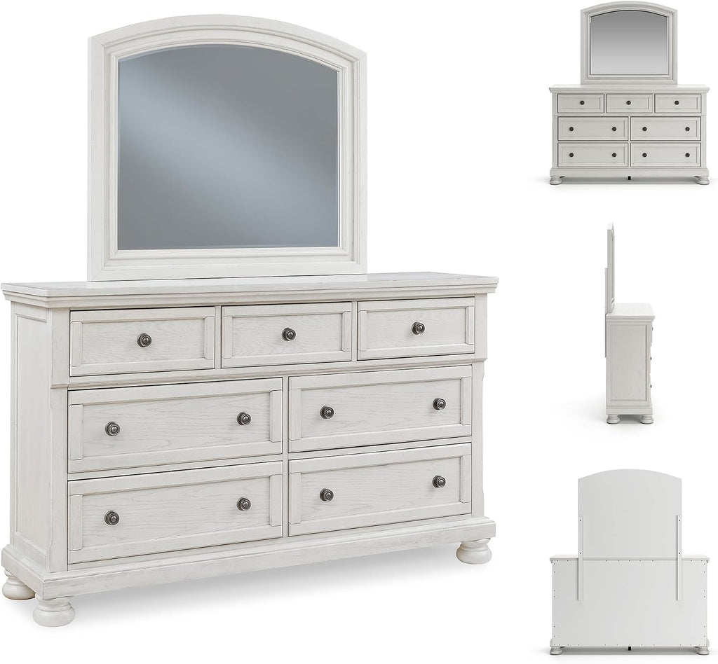 Signature Design by Ashley Robbinsdale Casual Smooth-Gliding 7-Drawer Dresser and Mirror with Safety Stop, Felt-Lined Top Drawers and Pull-Out Tray, White