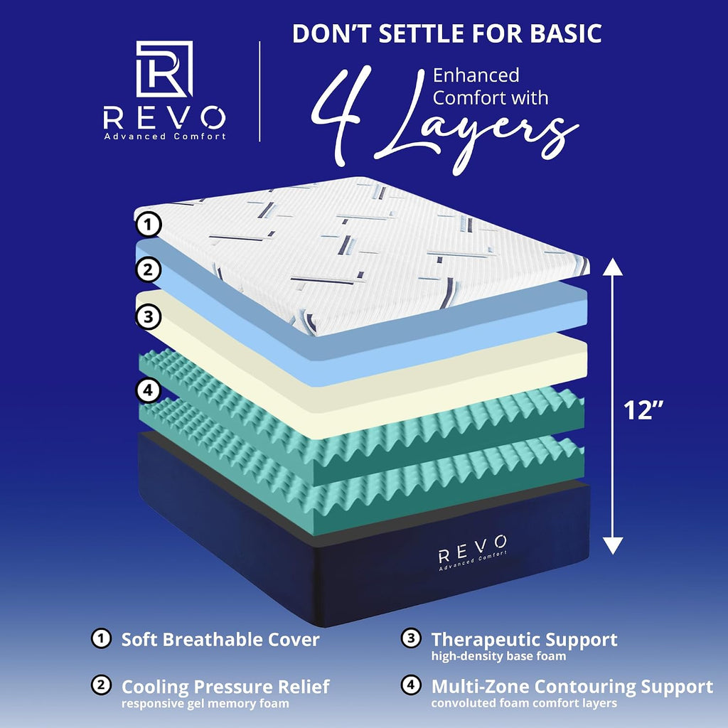 REVO Sleep Gel Memory Foam Mattress, 12-Inch Twin XL – Cooling Mattress with Gel Foam Support and Pressure Relief – Comfortable Sleep Surface for Dorms or Small Spaces