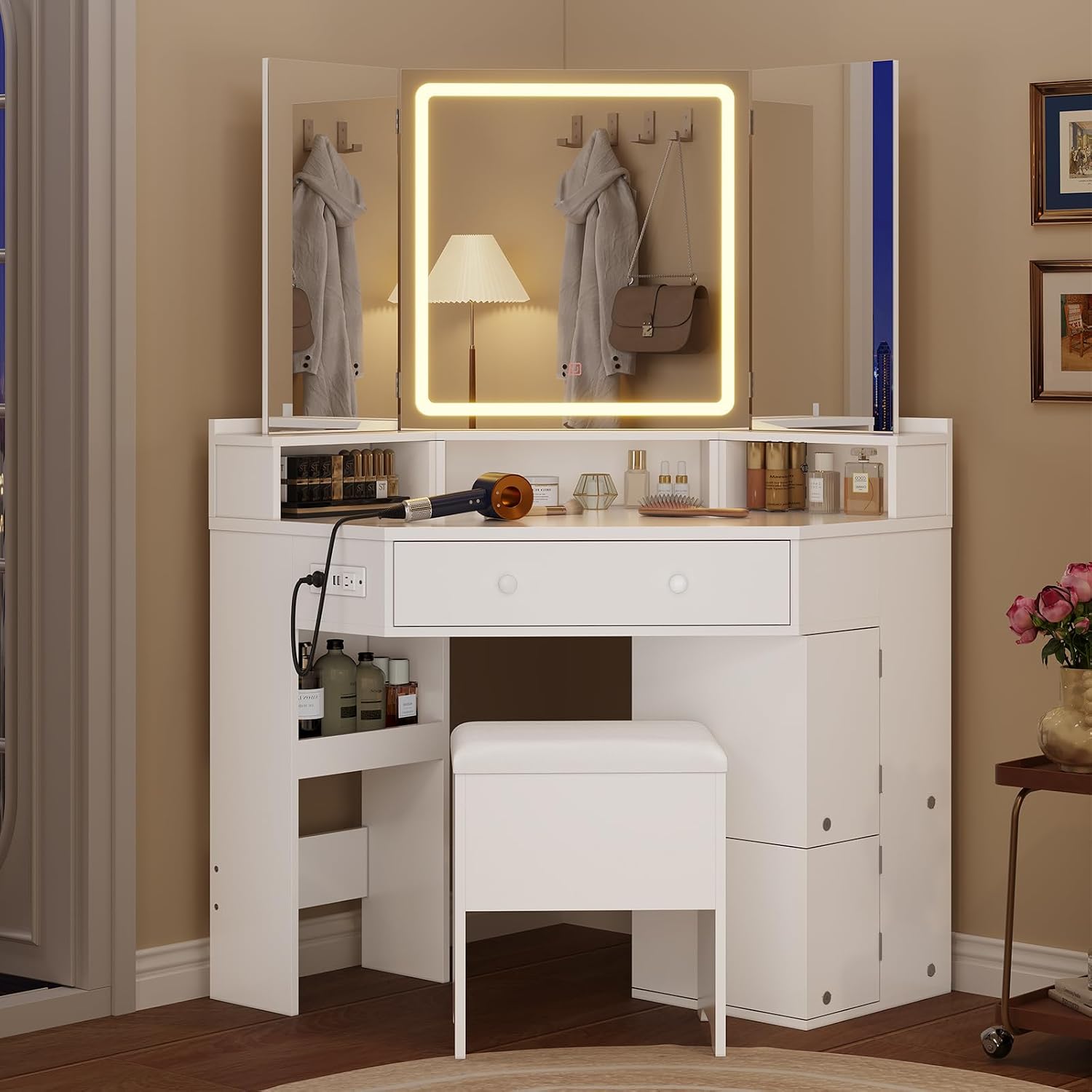 HAUOMS Vanity Desk with Tri-Fold Mirror and Lights, Storage Stool, Corner Makeup Vanities with Drawers & Power Outlet, 3 Light Settings, Dimmable for Bedroom, Women Girls, White