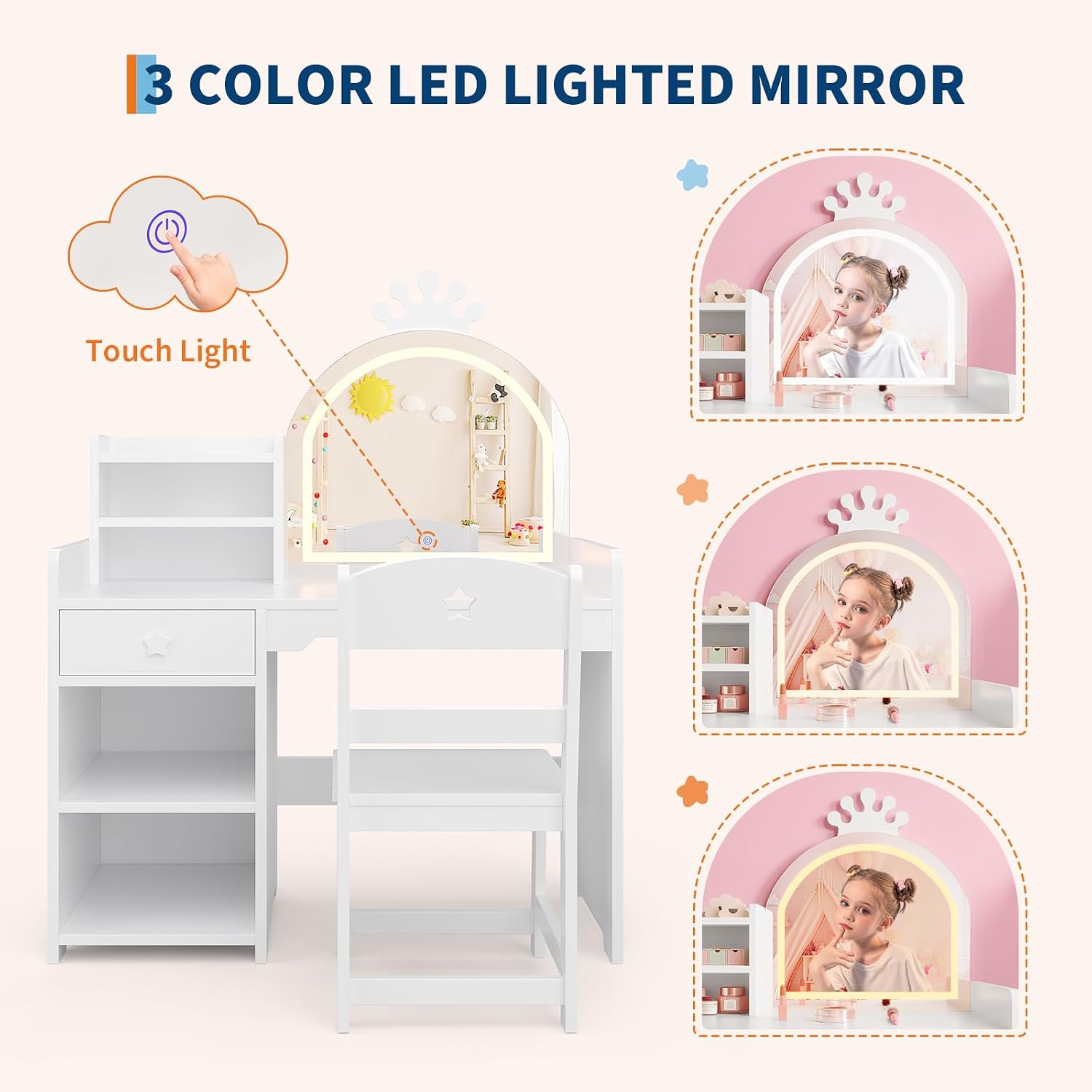 Garvee Kids Vanity with Lights, 2 in 1 Princess Makeup Vanity Desk with Open Bookshelf, Storage Cabinet & Shelves for Little Girls