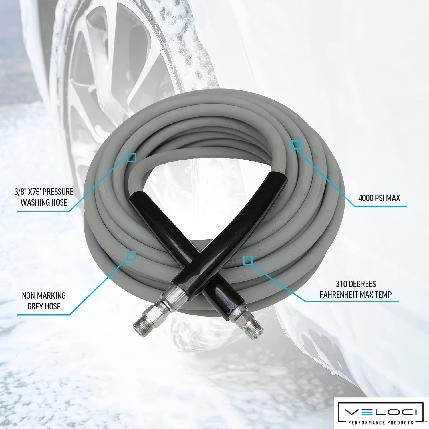 MTM Hydro Kobrajet High Pressure Washer Hose 3/8' 4000 PSI 75' for Car Wash and Detailing, Pressure Washer Accessories, Non-Marking Gray