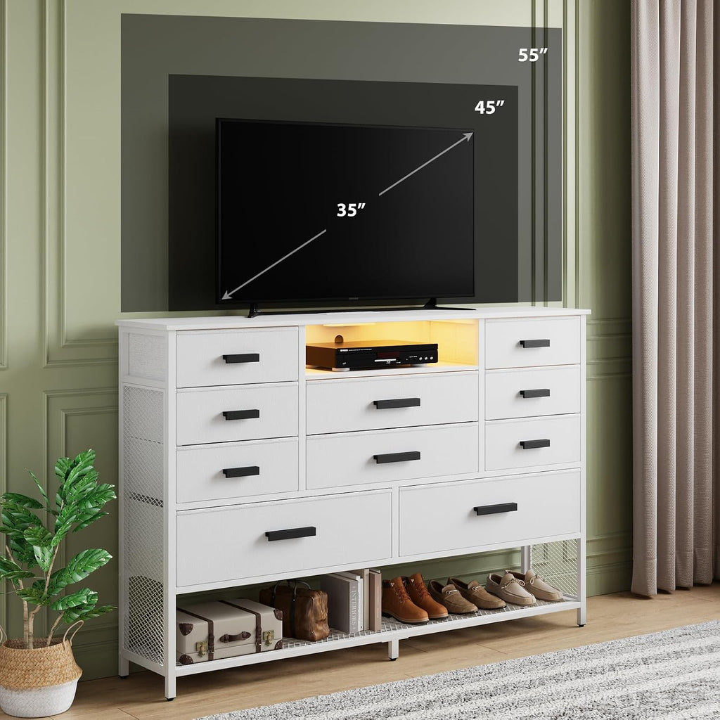 White Dresser for Bedroom, Fabric Chest of Drawers with Charging Station and LED Light, TV Stand Dresser with Shelves for 55' TV, 10 Drawers Dressers with PU Finish for Living Room, Closet