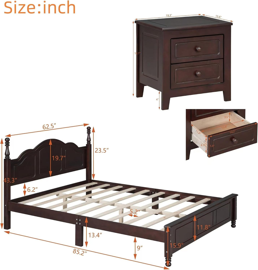 3-Pieces Bedroom Furniture Sets, Retro Queen Size Wood Platform Bed and Two Nightstands, Perfect for Teens Adults (Dark Walnut/3-Piece#)