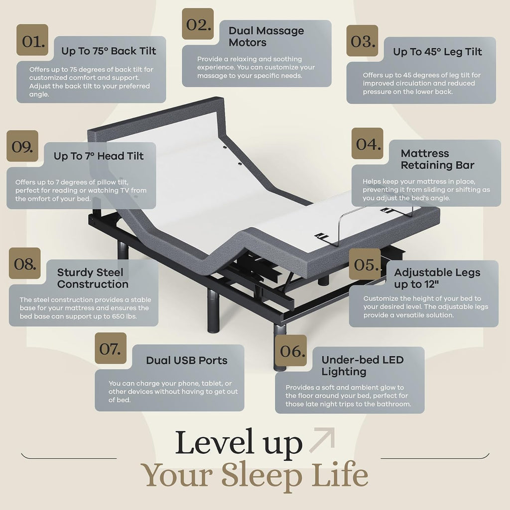 Sven & Son Harmony Adjustable Bed Base, Head and Foot Lift, Massage, Under-Bed Lights, USB, Gel Memory, Zero Gravity Smart Frame - Twin XL + 12 inch Memory Foam Matt (Medium)