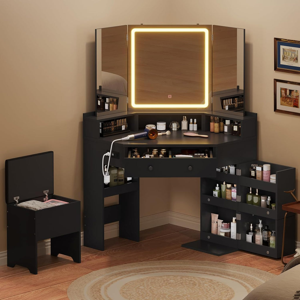 HAUOMS Corner Vanity Desk with Mirror and Lights, Power Outlet & Rotating Shelves, Makeup Vanities with Storage Bench, Drawers, 3 Light Settings, Dimmable for Women Girls, Black