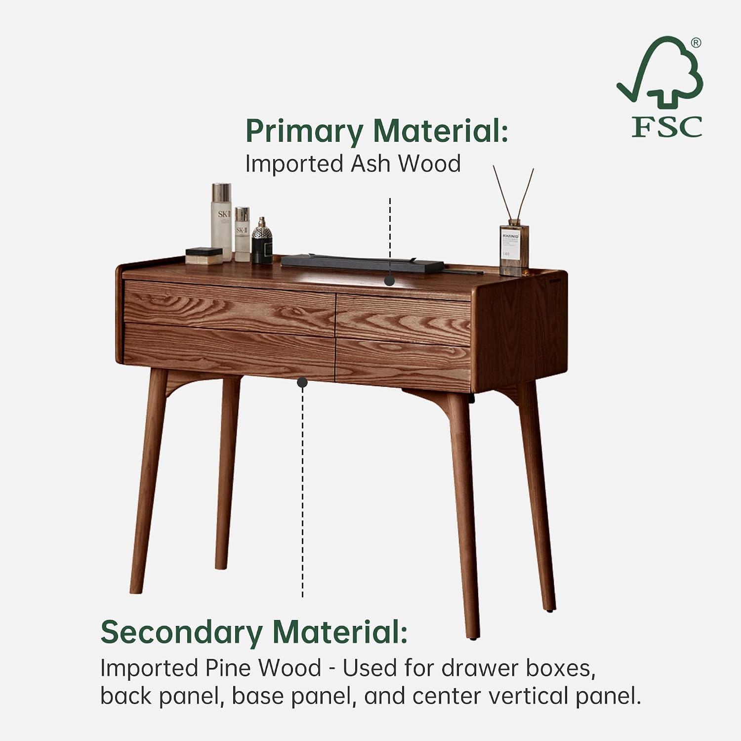 YESWOOD Samll Vanity Desk, Ash Wood Makeup Table for Girls, Walnut Color Vanity Set for Bedroom, Bathroom, Study Desk for Study Room, 18' D x 32' W x 32' H, No Chair and No Mirror