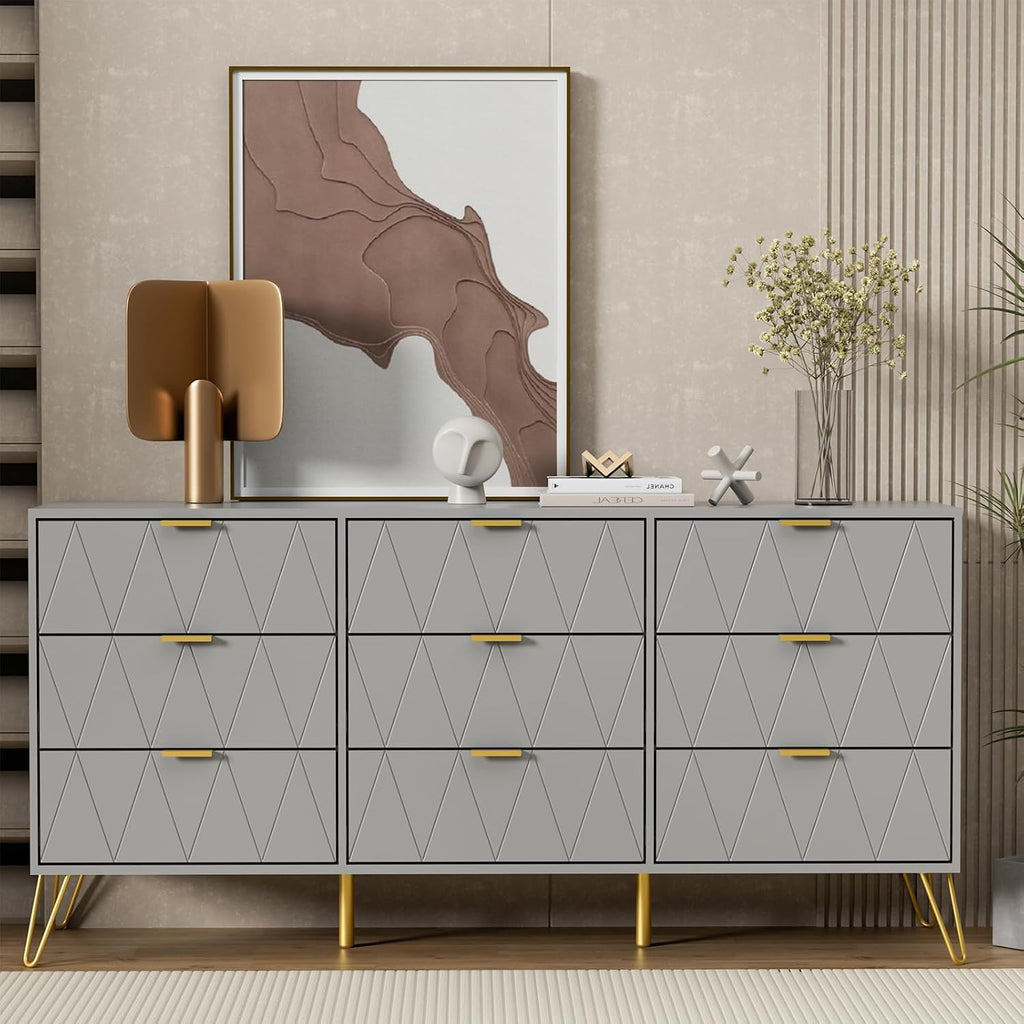 UEV Grey Dresser for Bedroom,Modern 9 Drawer Triple Dresser with Gold Accents,Long Storage Organizer for TV Stand & Closet,Large Chest of Drawers for Living