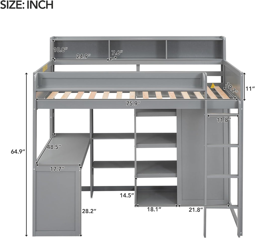 Wood Twin Size Loft Bed with Storage Shelves and Wardrobe,Bedroom Multifunctional Bed Frame w/Integrated Ladder/Full-Length Guardrails/3 Cabinets,for Kid Boy Girl Teen,Grey