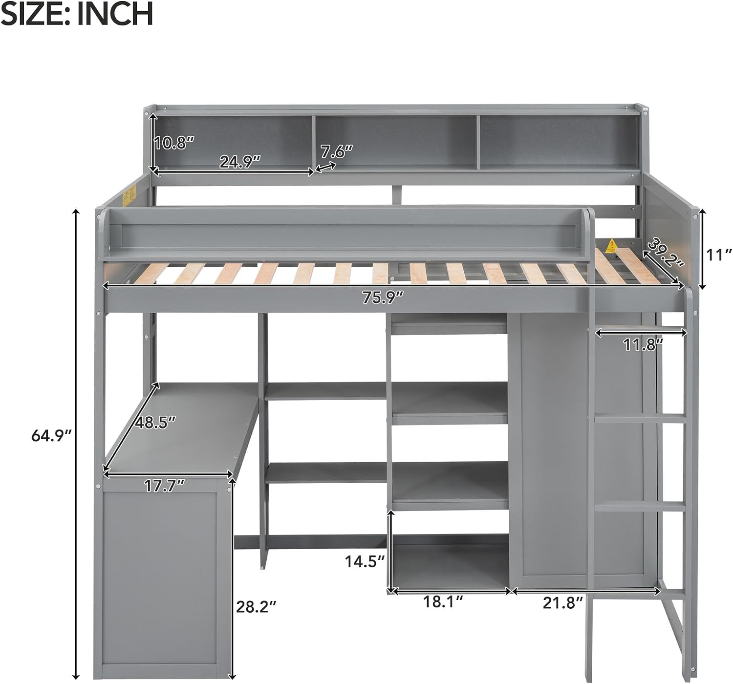 Wood Twin Size Loft Bed with Storage Shelves and Wardrobe,Bedroom Multifunctional Bed Frame w/Integrated Ladder/Full-Length Guardrails/3 Cabinets,for Kid Boy Girl Teen,Grey
