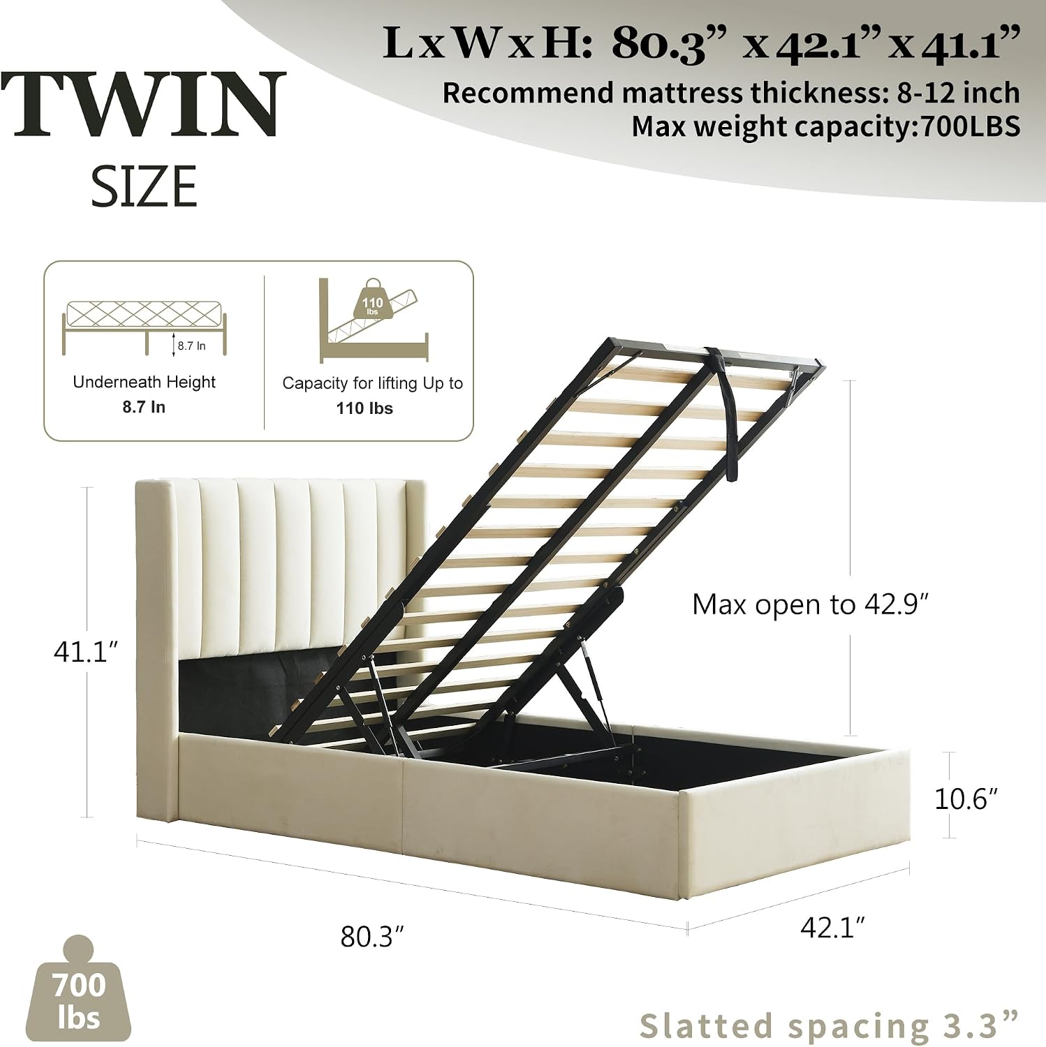 YUHUASHI Queen Size Hydraulic Storage Bed, Upholstered Platform Bed Frame, Modern Wingback Design Headboard, Velvet Fabric with Hydraulic Support Bars, No Box Spring Required (Cream, Twin)