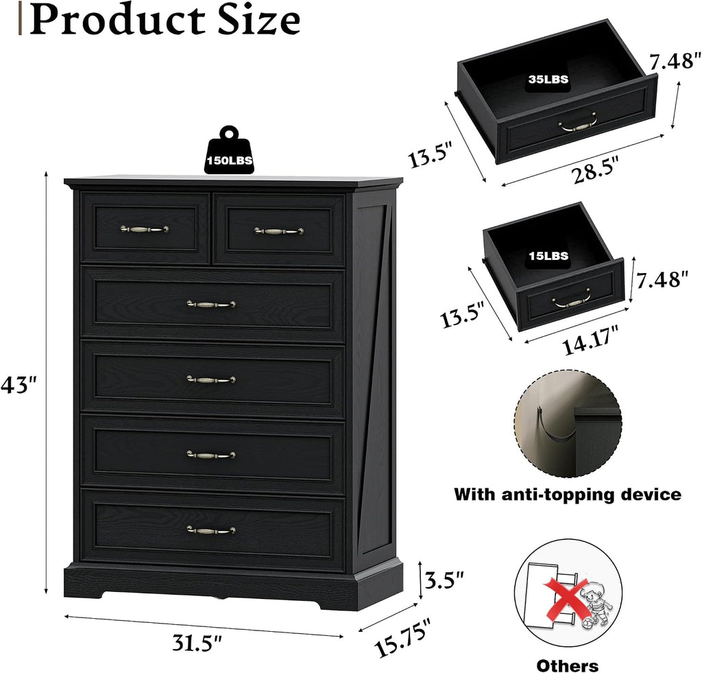 Farmhouse 6 Drawers Dresser for Bedroom, 43' Tall Wood Chest of Drawers with Deep Drawers & Bar Handles, Modern Dresser TV Stand, Rustic Wooden Closet Storage Organizer for Living Room, Hallway, Black
