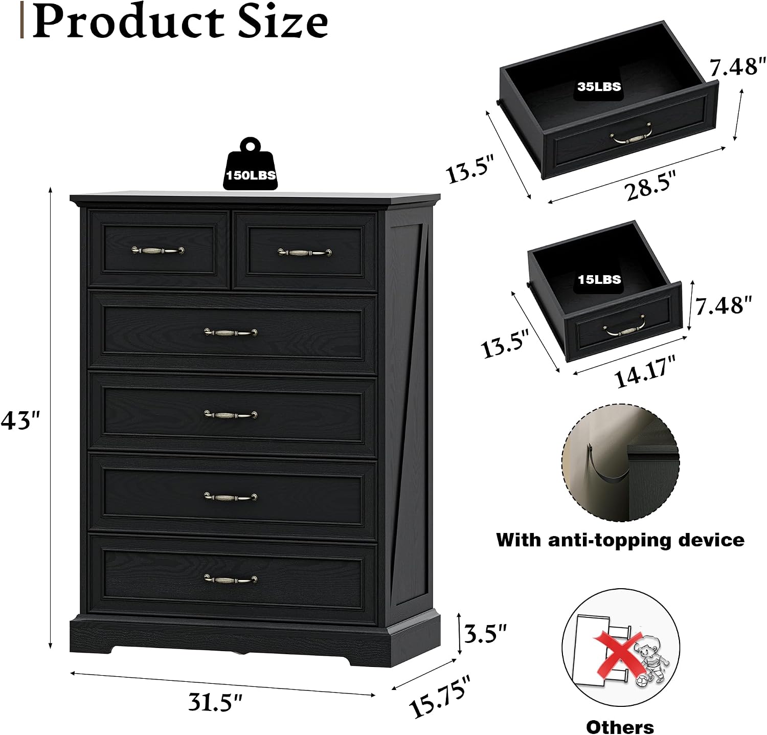 Farmhouse 6 Drawers Dresser for Bedroom, 43' Tall Wood Chest of Drawers with Deep Drawers & Bar Handles, Modern Dresser TV Stand, Rustic Wooden Closet Storage Organizer for Living Room, Hallway, Black