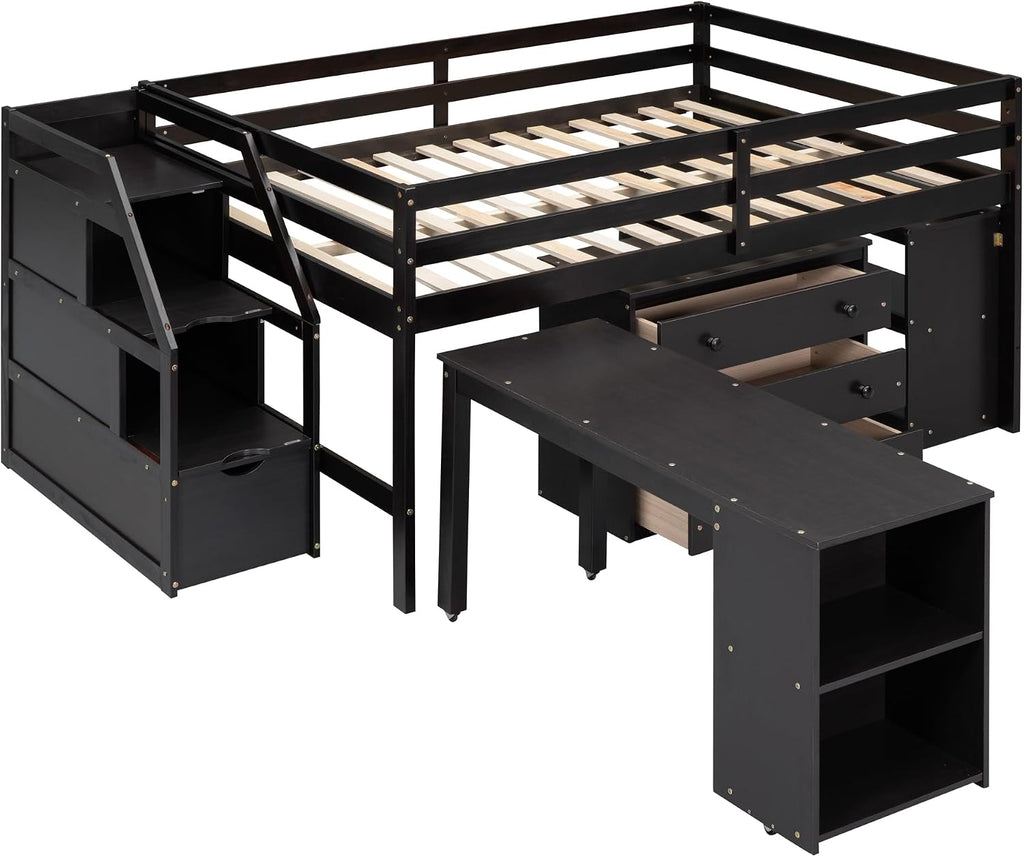 Full Size Loft Bed with Retractable Writing Desk, Wooden Loft Bed with 3 Drawers and Shelves, Storage Stairs, Versatility Low Loft Bed Storage Bed for Kids Boys Girls Bedroom (Espresso,Storage Stairs)
