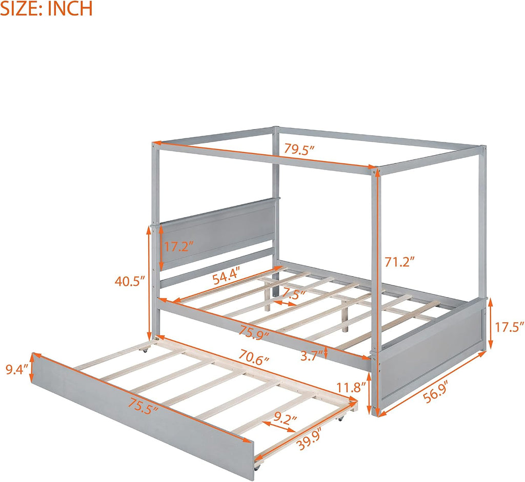 Full Size Wood Canopy Bed with Trundle Bed and Two Nightstand, Modern Bedroom Set for Kids Girls Boys Teens,Can Be Freely Decorated (Gray+Bedroom Set)