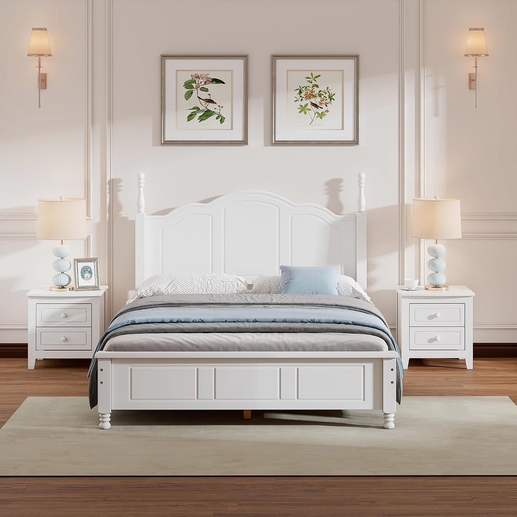 3-Pieces Full Bedroom Sets, Platform Bed with Retro Headboard and 2 Nightstand, Wooden Bedroom Furniture Bed and Nightstand Combo, for Adults Teens Kids, White